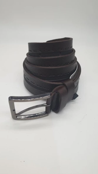 Çizgili Kayış Detaylı Koyu Kahve Renk Erkek Klasik Kemer - 8