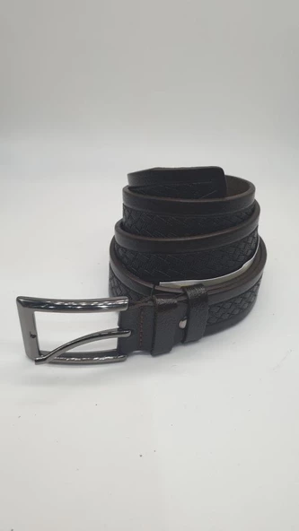 Çapraz Desen Detaylı Kayış Koyu Kahve Renk Erkek Klasik Kemer - 2