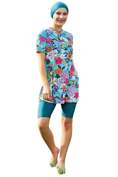 Ruko Maio Kadın Petrol Mavi Desenli Kısa Kol Tesettür Mayo 24246 - Resim 2