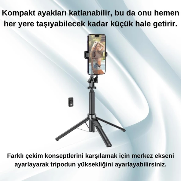 Polham 2in1 Kumandalı Selfie Çubuğu ve Tripod, Telefon, Fotoğraf Makinası İçin 140 Cm Tripod Selfie Çubuğu - 4