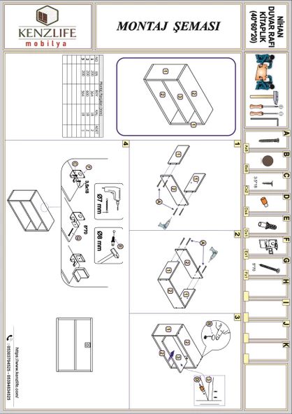 Kenzlife kitaplık nihan 040*060*20 gri duvar rafı - Resim 4
