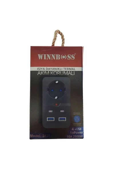 Winnboss Termal Akım Korumalı Type-C Ve USB 2.1A Şarj Çıkışlı 10A 2500W Priz 3438 - Resim 2