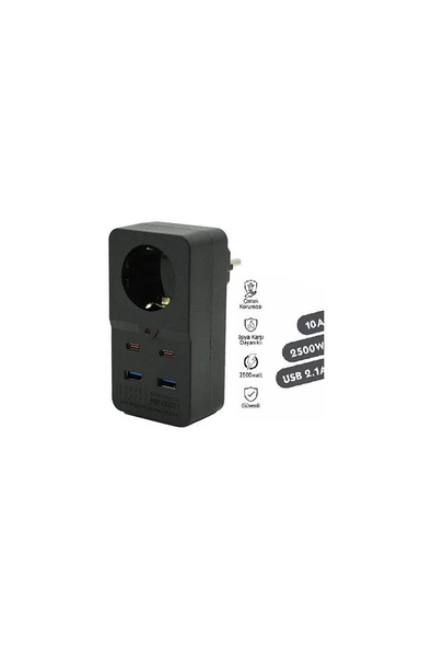 Winnboss Termal Akım Korumalı Type-C Ve USB 2.1A Şarj Çıkışlı 10A 2500W Priz 3438 - Resim 5