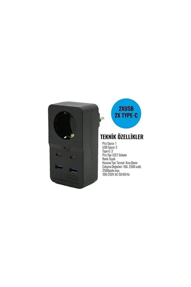 Winnboss Termal Akım Korumalı Type-C Ve USB 2.1A Şarj Çıkışlı 10A 2500W Priz 3438
