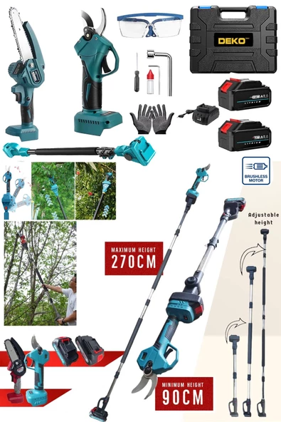 Deko 2400VLİON BLUE 2'li Bir Arada x2 Çift Akülü Teleskopik Dal Budama Bağ Makası Seti  2.70Mt - 2
