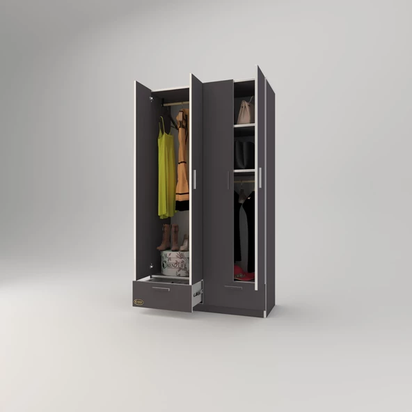 Kenzlife gardırop 4 kapılı 2 çekmeceli biberiye 182*100*42 gri kapaklı gardolap dolap - Resim 3