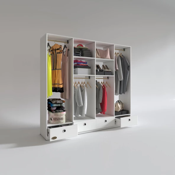 Kenzlife giysi dolabı 4 bölmeli 4 çekmeceli kamil 182*200*42 byz dolap kapaksız - Resim 2