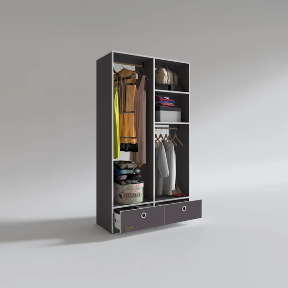 Kenzlife giysi dolabı 2 bölmeli 2 çekmeceli bedri 182*100*42 gri dolap kapaksız - Resim 2