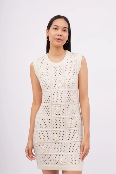 Peraluna ISABEL DRESS Ajurlu Organik Pamuklu Kadın Mini Elbise  - Ekru - 2