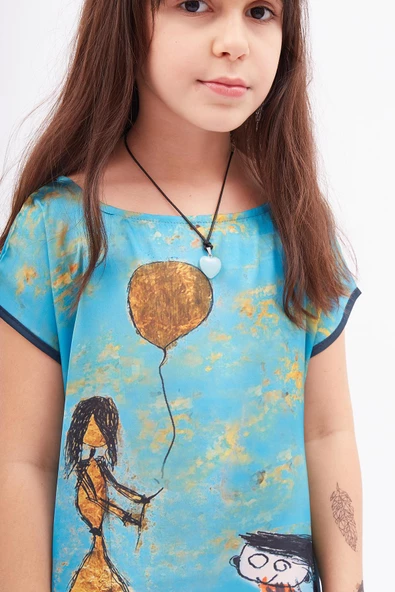 Peraluna JOY GIRL DRESS Baskılı Saten Kız Çocuk Elbise - Turkuaz - 3