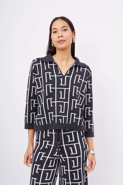 Peraluna MAZE BLOUSE Jakarlı Organik Pamuk Kadın Bluz - Antrasit/Ekru - 2