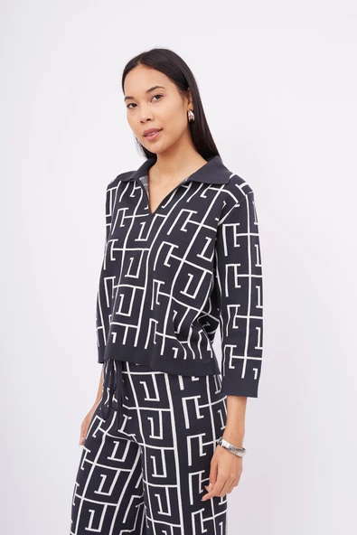 Peraluna MAZE BLOUSE Jakarlı Organik Pamuk Kadın Bluz - Antrasit/Ekru - 5