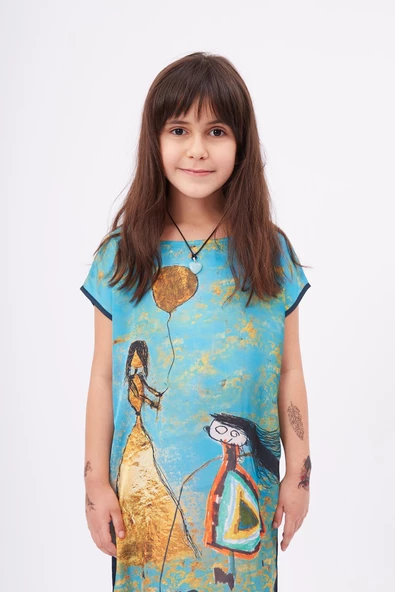 Peraluna JOY GIRL DRESS Baskılı Saten Kız Çocuk Elbise - Turkuaz - 2