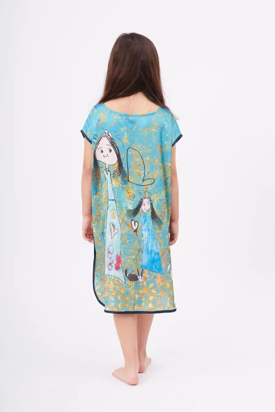 Peraluna JOY GIRL DRESS Baskılı Saten Kız Çocuk Elbise - Turkuaz - 9