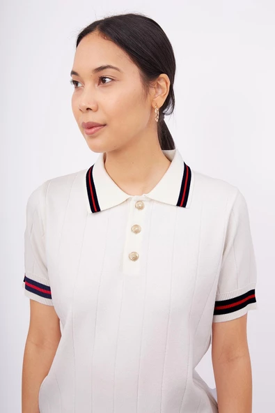 Styleboom X Peraluna LIZA BLOUSE Polo Yaka Kadın Triko Bluz - Ekru - 5