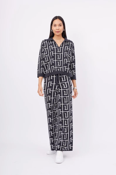 Peraluna MAZE BLOUSE Jakarlı Organik Pamuk Kadın Bluz - Antrasit/Ekru - 6