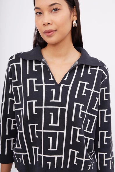 Peraluna MAZE BLOUSE Jakarlı Organik Pamuk Kadın Bluz - Antrasit/Ekru - 3