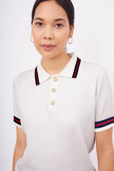 Styleboom X Peraluna LIZA BLOUSE Polo Yaka Kadın Triko Bluz - Ekru - 3