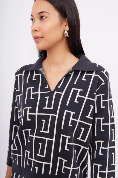 Peraluna MAZE BLOUSE Jakarlı Organik Pamuk Kadın Bluz - Antrasit/Ekru - 4