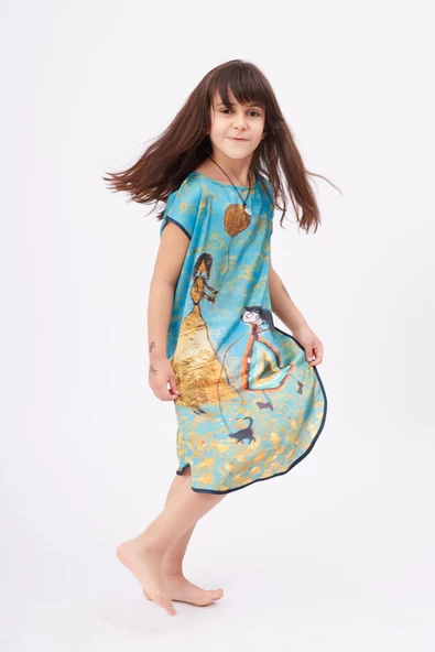 Peraluna JOY GIRL DRESS Baskılı Saten Kız Çocuk Elbise - Turkuaz - 6