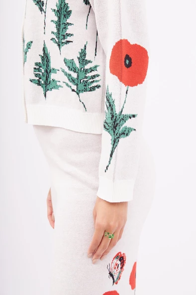 Peraluna POPPY CARDIGAN Gelincik Desenli Organik Pamuk Kadın Kısa Hırka - Ekru - 5