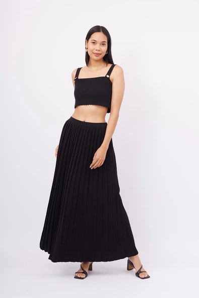 Peraluna MAXI SKIRT Maxi Boy Pileli Kadın Triko Etek - Siyah - 5