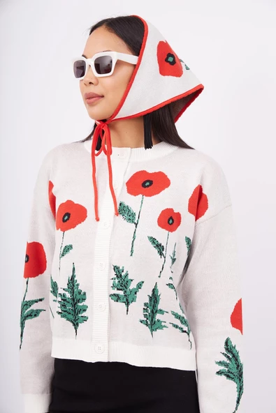 Peraluna POPPY CARDIGAN Gelincik Desenli Organik Pamuk Kadın Kısa Hırka - Ekru - 6