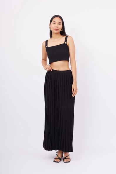 Peraluna MAXI SKIRT Maxi Boy Pileli Kadın Triko Etek - Siyah - 6