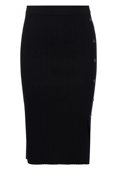 Peraluna JASMINE SKIRT Midi Boy Yandan Düğmeli Ribana Kadın Triko Etek - Siyah - 8