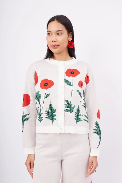 Peraluna POPPY CARDIGAN Gelincik Desenli Organik Pamuk Kadın Kısa Hırka - Ekru - 2