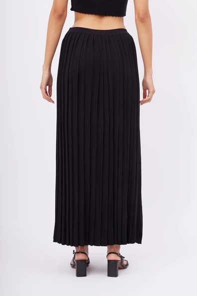 Peraluna MAXI SKIRT Maxi Boy Pileli Kadın Triko Etek - Siyah - 8