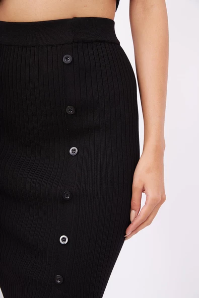 Peraluna JASMINE SKIRT Midi Boy Yandan Düğmeli Ribana Kadın Triko Etek - Siyah - 3