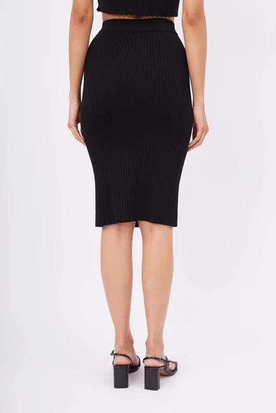 Peraluna JASMINE SKIRT Midi Boy Yandan Düğmeli Ribana Kadın Triko Etek - Siyah - 7