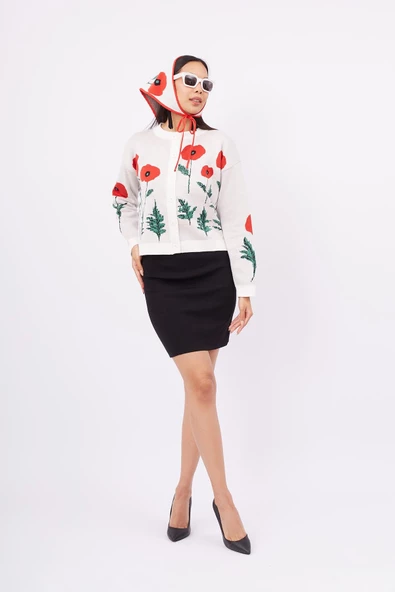 Peraluna POPPY CARDIGAN Gelincik Desenli Organik Pamuk Kadın Kısa Hırka - Ekru - 7