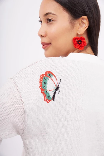 Peraluna POPPY CARDIGAN Gelincik Desenli Organik Pamuk Kadın Kısa Hırka - Ekru - 4