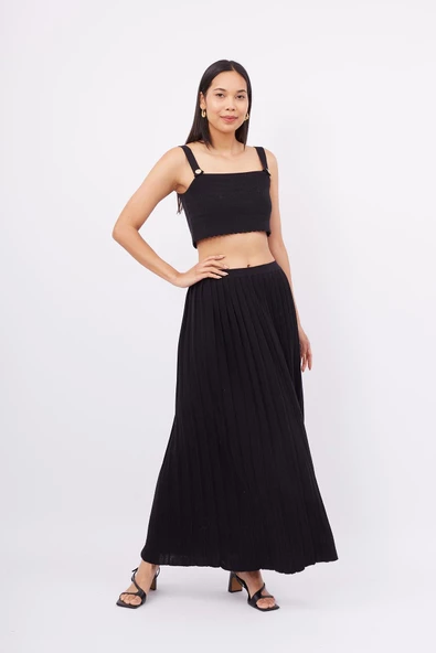 Peraluna MAXI SKIRT Maxi Boy Pileli Kadın Triko Etek - Siyah - 7