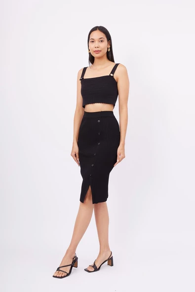 Peraluna JASMINE SKIRT Midi Boy Yandan Düğmeli Ribana Kadın Triko Etek - Siyah - 5
