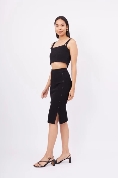 Peraluna JASMINE SKIRT Midi Boy Yandan Düğmeli Ribana Kadın Triko Etek - Siyah - 6