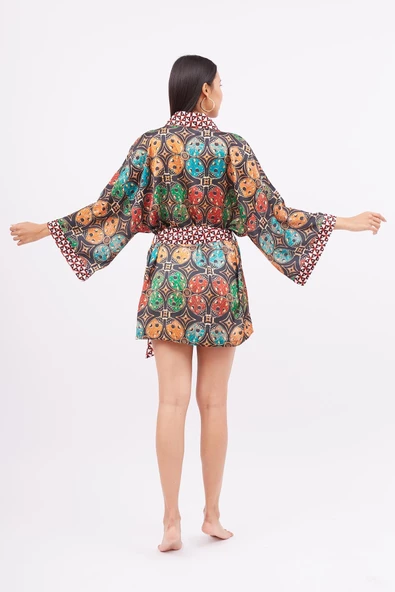 Peraluna LADYBUG SHORT KIMONO Baskılı Saten Kadın Kısa Kimono - Çok Renkli - 8