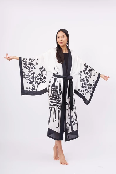 Peraluna BEACH GIRLS LONG KIMONO Baskılı Saten Kadın Uzun Kimono - Siyah/Beyaz - 6