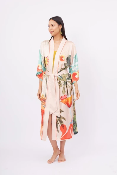 Peraluna SUMMER TIME LONG KIMONO Baskılı Saten Kadın Uzun Kimono - Çok Renkli - 6