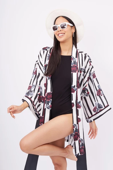 Peraluna STRIPE GARDEN SHORT KIMONO Baskılı Saten Kadın Kısa Kimono - Çok Renkli - 8