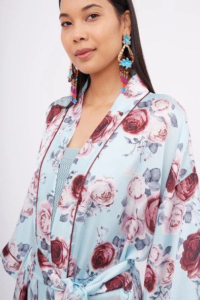 Peraluna ROSEMARY LONG KIMONO Baskılı Saten Kadın Uzun Kimono - Turkuaz - 3