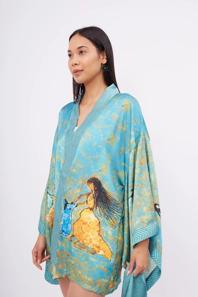 Peraluna JOY SHORT KIMONO Baskılı Saten Kadın Kısa Kimono - Turkuaz - 7