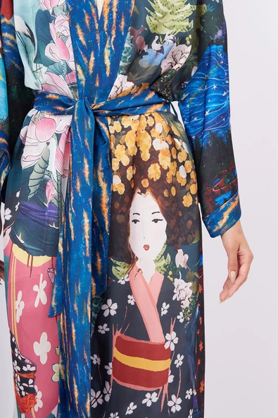 Peraluna MAGIC MOMENTS LONG KIMONO Baskılı Saten Kadın Uzun Kimono - Çok Renkli - 3