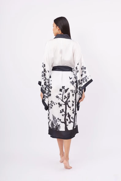 Peraluna BEACH GIRLS LONG KIMONO Baskılı Saten Kadın Uzun Kimono - Siyah/Beyaz - 7