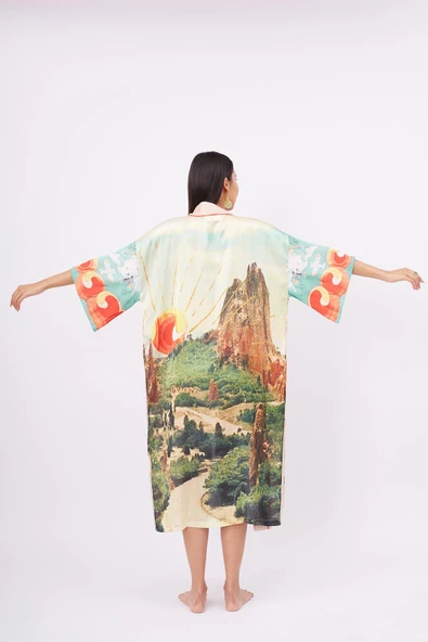 Peraluna SUMMER TIME LONG KIMONO Baskılı Saten Kadın Uzun Kimono - Çok Renkli - 7