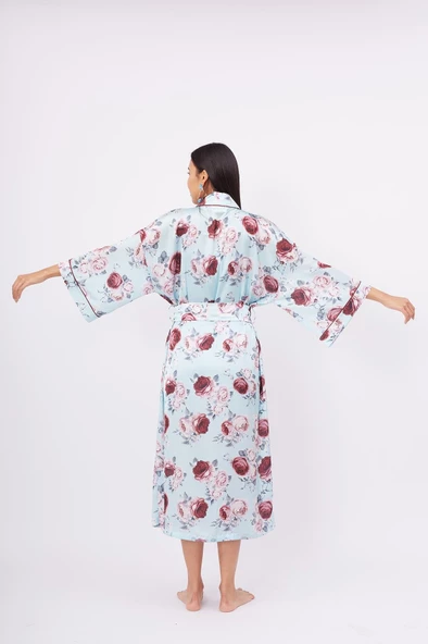 Peraluna ROSEMARY LONG KIMONO Baskılı Saten Kadın Uzun Kimono - Turkuaz - 6