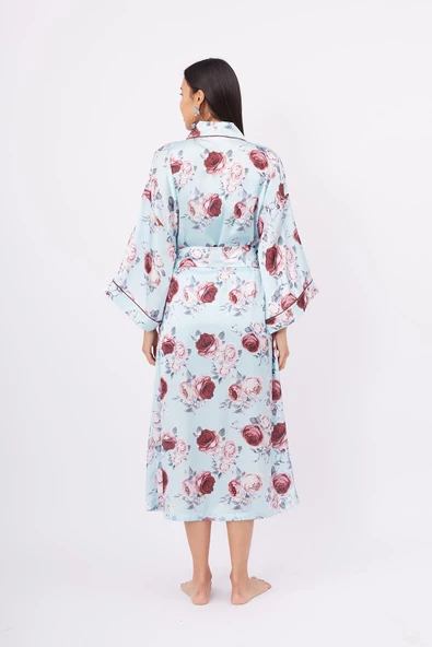Peraluna ROSEMARY LONG KIMONO Baskılı Saten Kadın Uzun Kimono - Turkuaz - 7