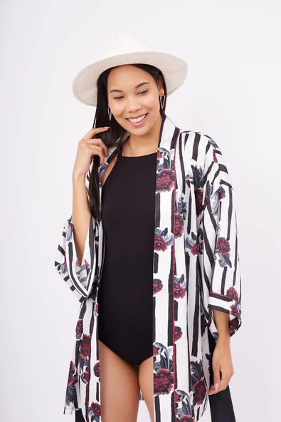 Peraluna STRIPE GARDEN SHORT KIMONO Baskılı Saten Kadın Kısa Kimono - Çok Renkli - 5